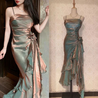 Vintage Spaghetti Straps Chiffon Satin Ruffled Prom Dresses Fairytale Party Dresses ED01410