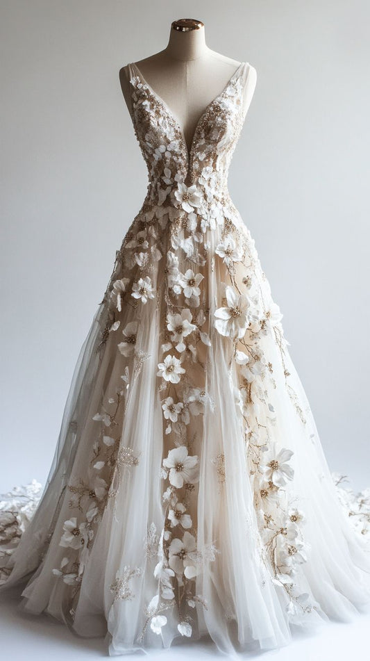 💍Retro A-line V-neck Tulle 3D Applique Wedding Dress Simple Beaded Evening Gown ED01411