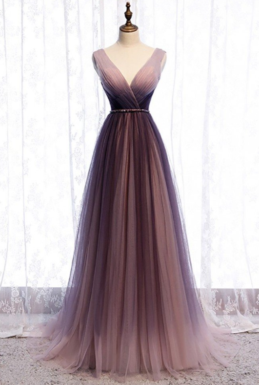 A-Line Deep V neck Pleated Purple Tulle Formal Prom Dress Flowing ED01412
