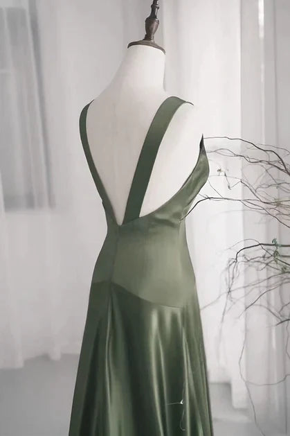 Charming A-Line Dark Green SatinV-Neckline Low Back Prom Dress, Dark Green Formal Dress ED01413