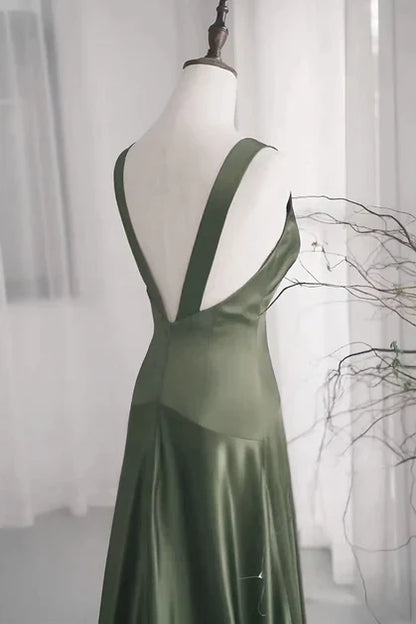 Charming A-Line Dark Green SatinV-Neckline Low Back Prom Dress, Dark Green Formal Dress ED01413