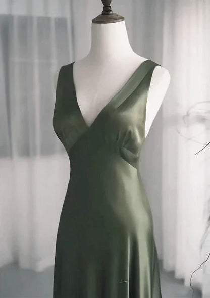 Charming A-Line Dark Green SatinV-Neckline Low Back Prom Dress, Dark Green Formal Dress ED01413