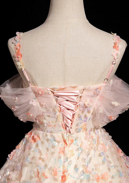 Vestido de fiesta largo rosa con escote en forma de A, tirantes finos, encaje, tul y flores, escote corazón, hombros descubiertos, para quinceañeras, ED01414