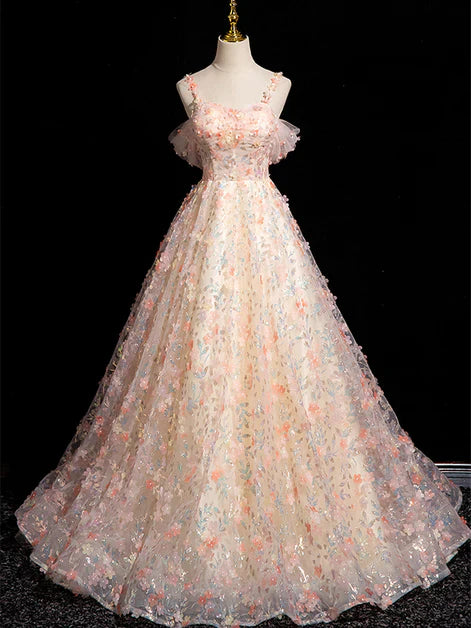 Pink A-line Spaghetti Straps Lace Tulle Flowers Sweetheart Long Prom Dress, Pink Off Shoulder Sweet 16 Dress ED01414