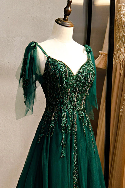 Green A-line V-Neck Tulle Beaded Long Prom Dress, Elegant Spaghetti Straps Lace Evening Dress ED01416