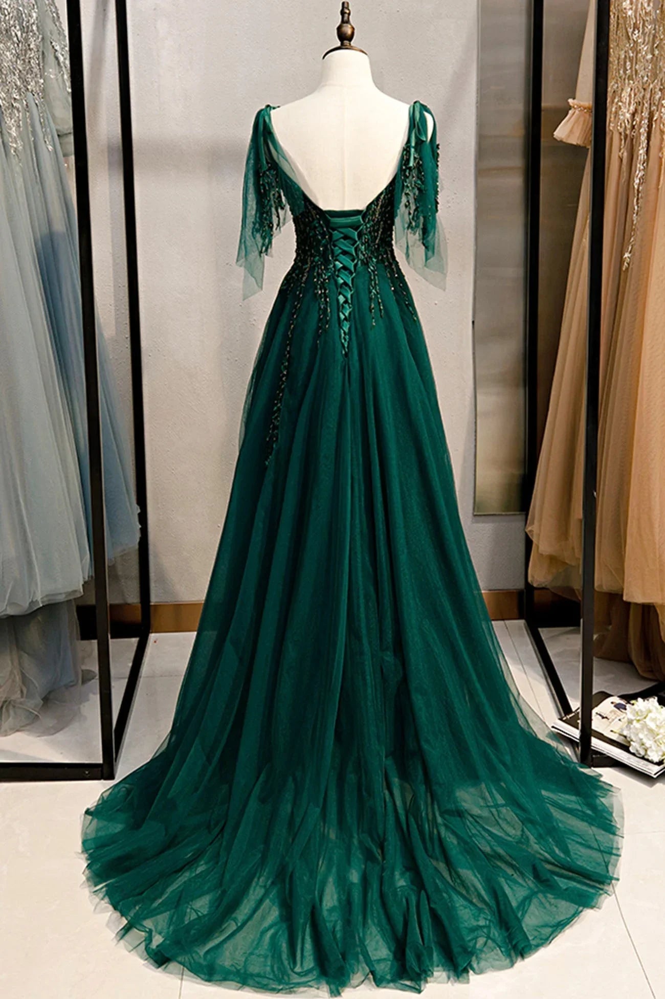 Green A-line V-Neck Tulle Beaded Long Prom Dress, Elegant Spaghetti Straps Lace Evening Dress ED01416