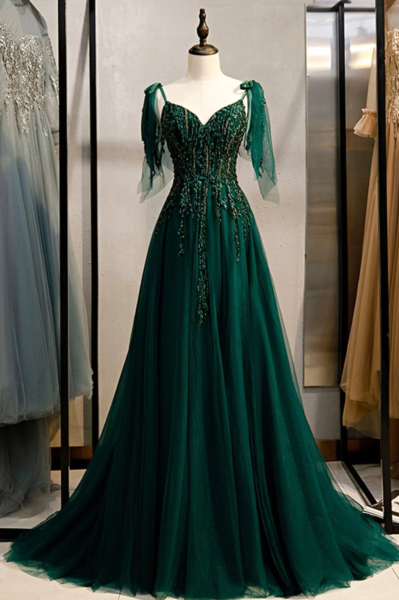 Green A-line V-Neck Tulle Beaded Long Prom Dress, Elegant Spaghetti Straps Lace Evening Dress ED01416