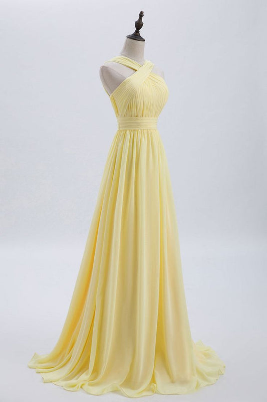 Vestido largo de dama de honor de gasa plisada en amarillo pálido con frente cruzado, vestido de fiesta ED01417