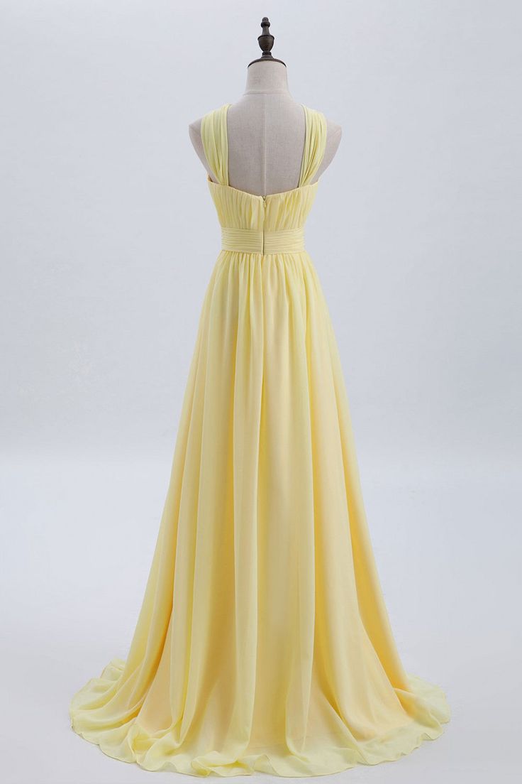 Vestido largo de dama de honor de gasa plisada en amarillo pálido con frente cruzado, vestido de fiesta ED01417