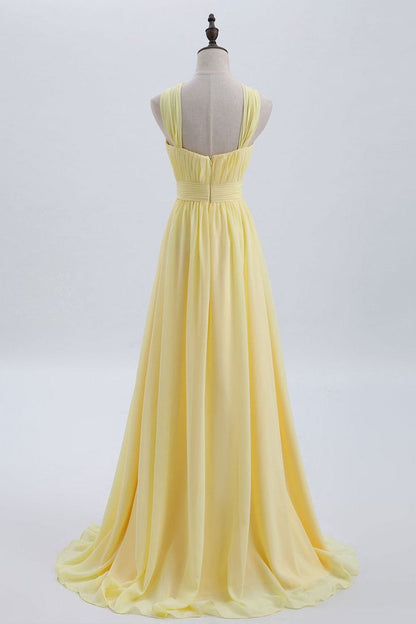Vestido largo de dama de honor de gasa plisada en amarillo pálido con frente cruzado, vestido de fiesta ED01417