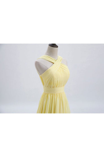 Vestido largo de dama de honor de gasa plisada en amarillo pálido con frente cruzado, vestido de fiesta ED01417