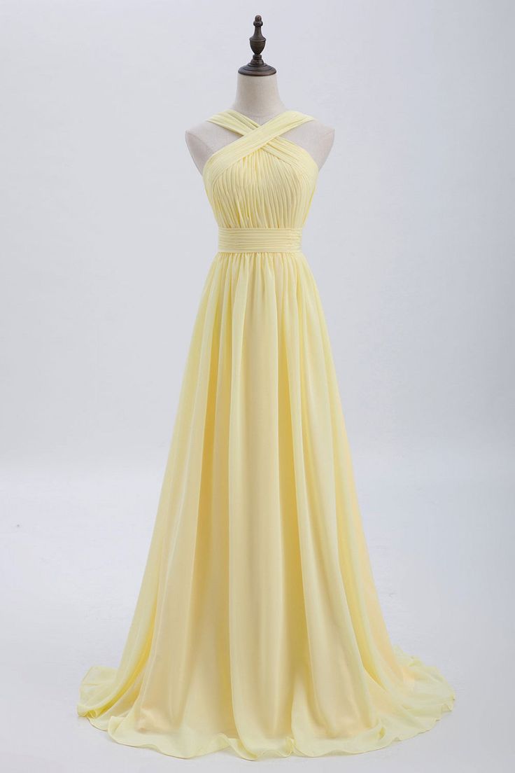 Vestido largo de dama de honor de gasa plisada en amarillo pálido con frente cruzado, vestido de fiesta ED01417