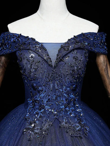 Vestido de fiesta azul marino de tul con escote en A y cuentas, hombros descubiertos, vestido de fiesta azul marino con apliques de encaje y lentejuelas ED01418