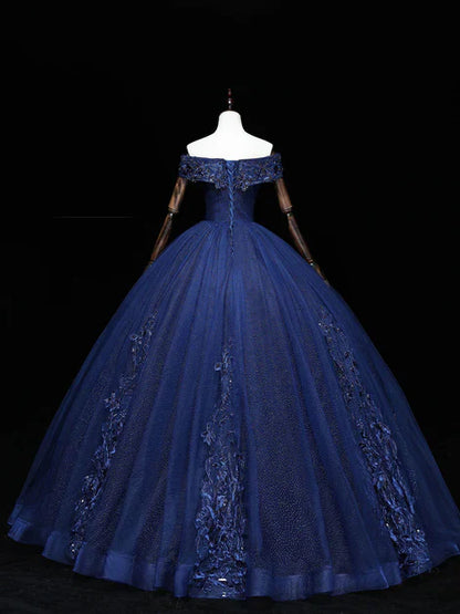 Vestido de fiesta azul marino de tul con escote en A y cuentas, hombros descubiertos, vestido de fiesta azul marino con apliques de encaje y lentejuelas ED01418