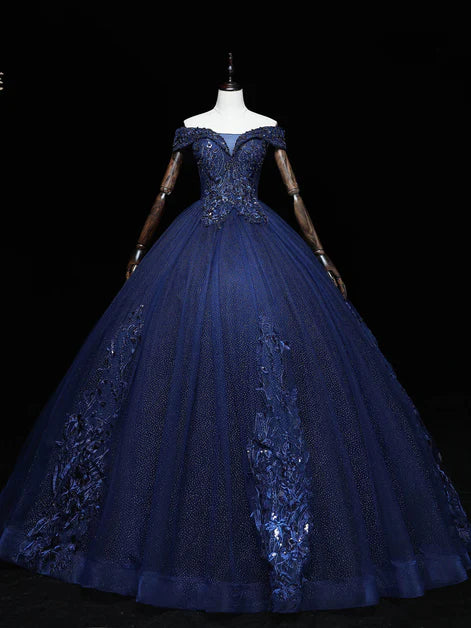 Vestido de fiesta azul marino de tul con escote en A y cuentas, hombros descubiertos, vestido de fiesta azul marino con apliques de encaje y lentejuelas ED01418