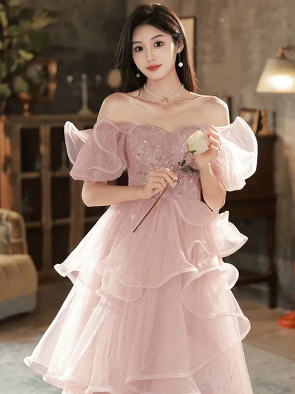 Pink  A-line Off Shoulder Tulle Sequins Long Prom Dress, Pink Sweet 16 Dress ED01419