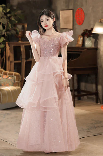 Pink  A-line Off Shoulder Tulle Sequins Long Prom Dress, Pink Sweet 16 Dress ED01419