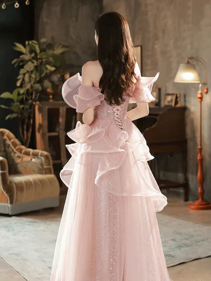 Pink  A-line Off Shoulder Tulle Sequins Long Prom Dress, Pink Sweet 16 Dress ED01419