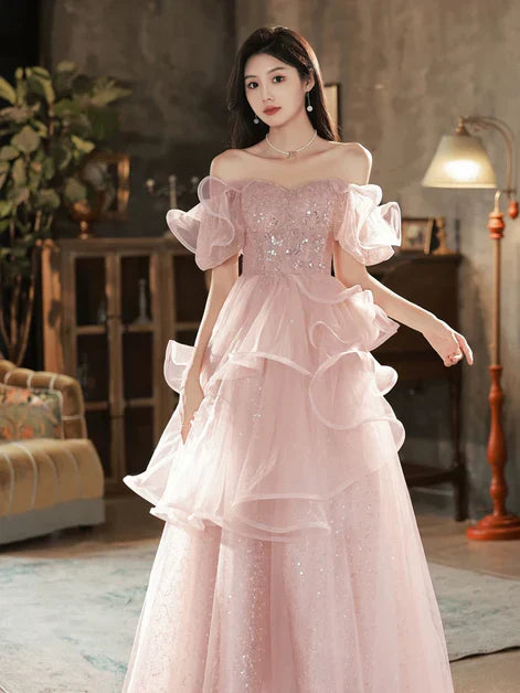 Pink  A-line Off Shoulder Tulle Sequins Long Prom Dress, Pink Sweet 16 Dress ED01419