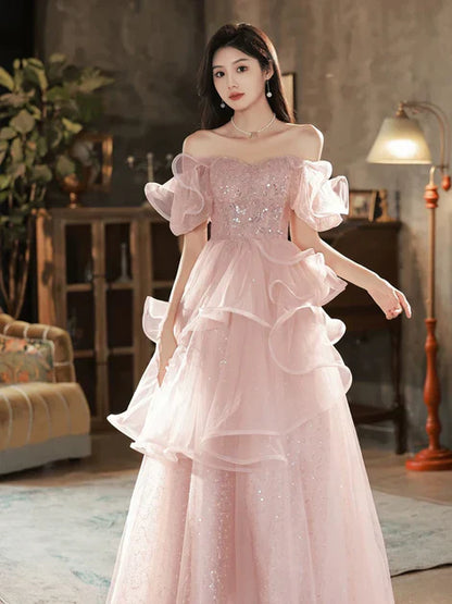 Pink  A-line Off Shoulder Tulle Sequins Long Prom Dress, Pink Sweet 16 Dress ED01419