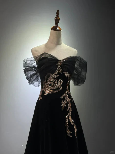 Black A-line Off Shoulder Tulle Velvet Long Prom Dress,Sequin Formal Evening Dress ED01420