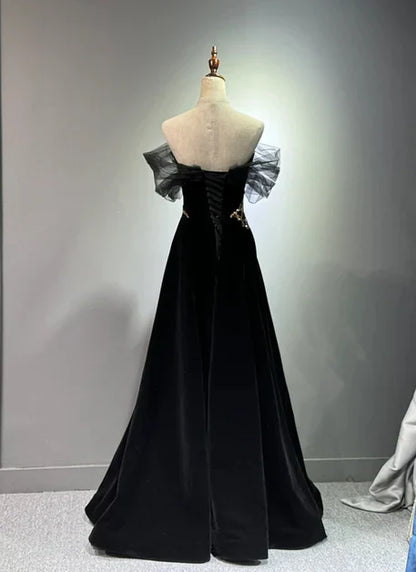 Black A-line Off Shoulder Tulle Velvet Long Prom Dress,Sequin Formal Evening Dress ED01420