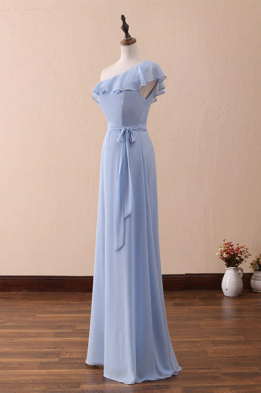 Vestido largo de dama de honor de gasa con volantes, corte A, un hombro, color bígaro, vestido de fiesta ED01421