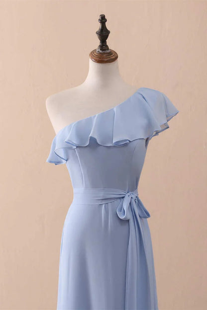 Vestido largo de dama de honor de gasa con volantes, corte A, un hombro, color bígaro, vestido de fiesta ED01421