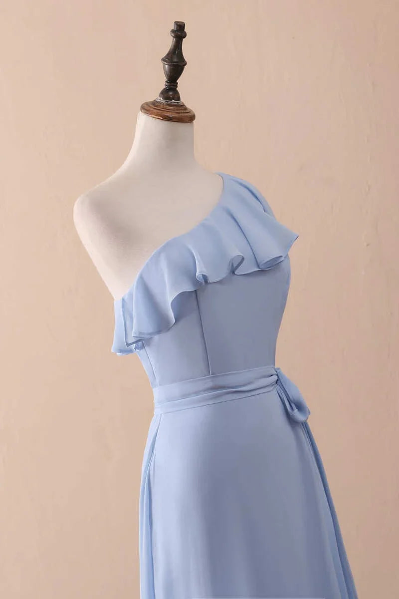 Vestido largo de dama de honor de gasa con volantes, corte A, un hombro, color bígaro, vestido de fiesta ED01421