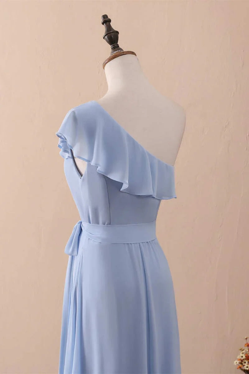 Vestido largo de dama de honor de gasa con volantes, corte A, un hombro, color bígaro, vestido de fiesta ED01421