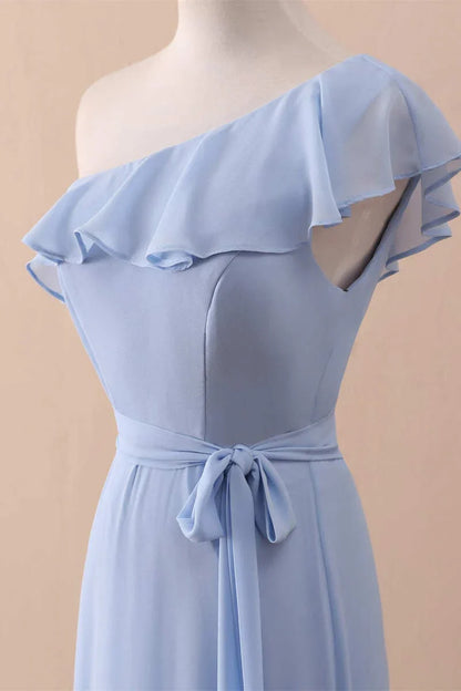 Vestido largo de dama de honor de gasa con volantes, corte A, un hombro, color bígaro, vestido de fiesta ED01421