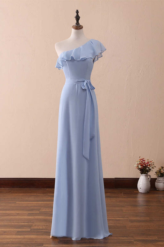 Vestido largo de dama de honor de gasa con volantes, corte A, un hombro, color bígaro, vestido de fiesta ED01421