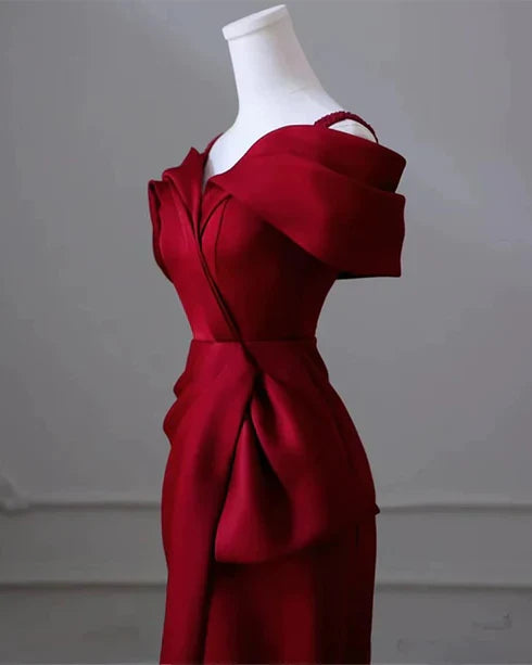 Burgundy Mermaid Off Shoulder Satin Long Prom Dress Dress, Simple Evening Dress ED01422