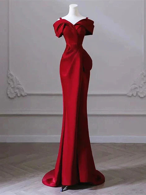 Vestido de fiesta largo de satén con hombros descubiertos y corte sirena color burdeos, vestido de noche sencillo ED01422