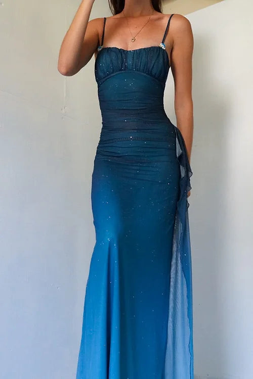 Unique💎 Gradient Blue Mermaid Gown for Party&Quinceanera- Spaghetti Straps Glitter Chiffon Long Prom&Evening Dress  ED01424