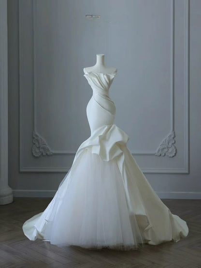 Vestido de novia de satén sin tirantes, corte sirena color marfil, vestido de fiesta largo y delicado ED01425