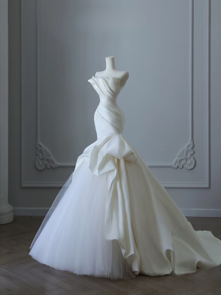 Vestido de novia de satén sin tirantes, corte sirena color marfil, vestido de fiesta largo y delicado ED01425