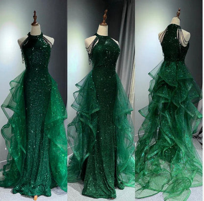Elegante vestido de fiesta largo azul marino con escote halter y lentejuelas brillantes, corte A, vestidos de noche formales ED01427