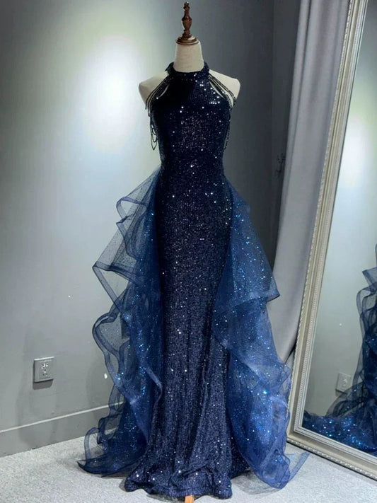 Elegant A-Line Navy Blue Halter Sparkly Sequins Long Prom Dresses Formal Evening Dresses ED01427