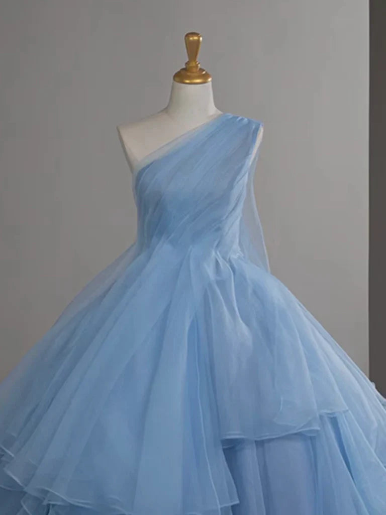 Vestido de fiesta largo de tul azul con un solo hombro y corte en A, vestido de noche largo azul ED01429