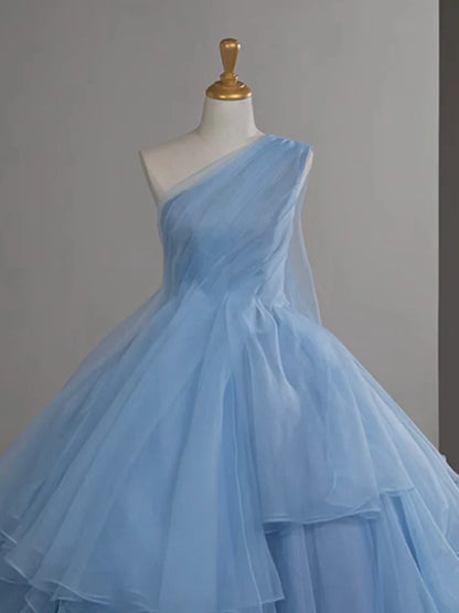 Vestido de fiesta largo de tul azul con un solo hombro y corte en A, vestido de noche largo azul ED01429