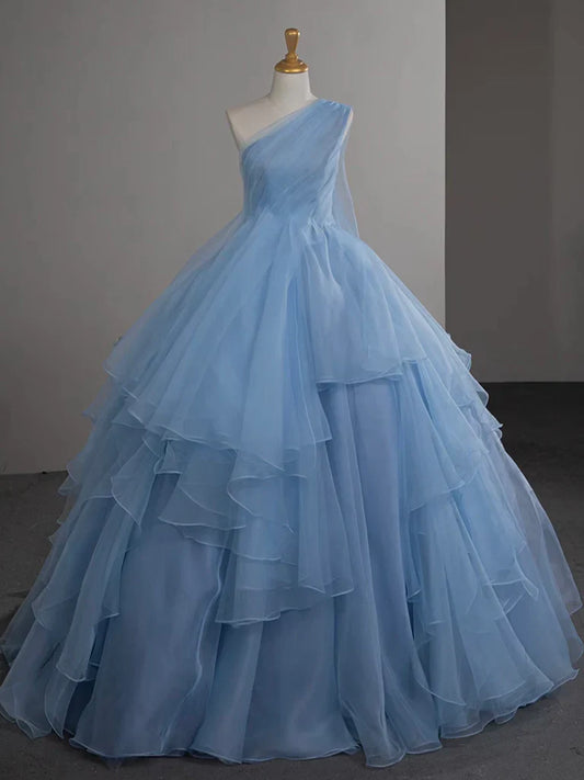 Vestido de fiesta largo de tul azul con un solo hombro y corte en A, vestido de noche largo azul ED01429