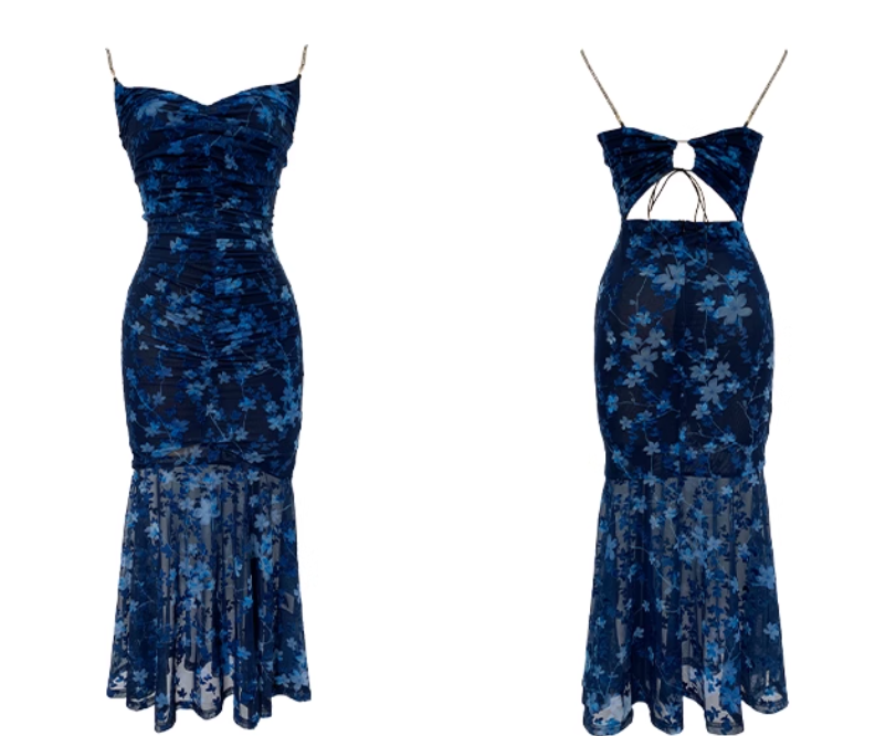 French holiday floral sling dress blue mesh mermaid dress ED01436