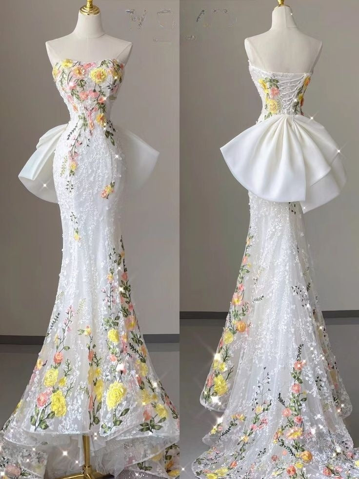White Wedding Dress Elegant Mermaid Strapless Tulle Lace Long Prom Dress Applique Evening Dress ED01443