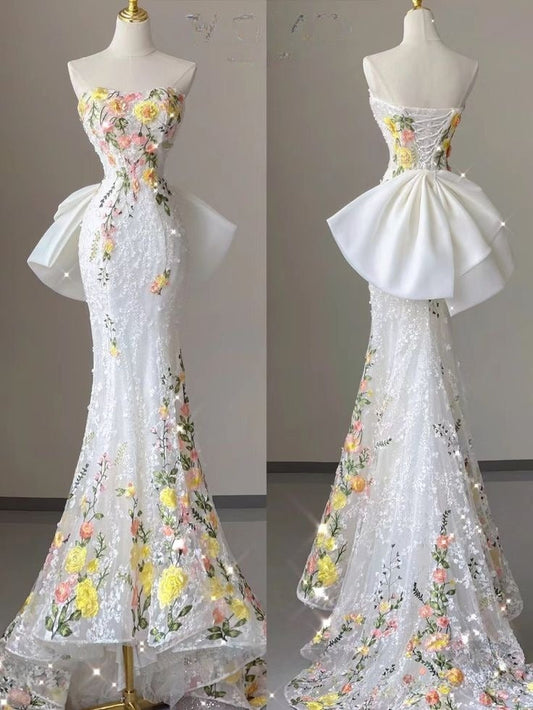 Vestido de novia blanco elegante de sirena sin tirantes de tul con encaje, vestido de fiesta largo con apliques, vestido de noche ED01443