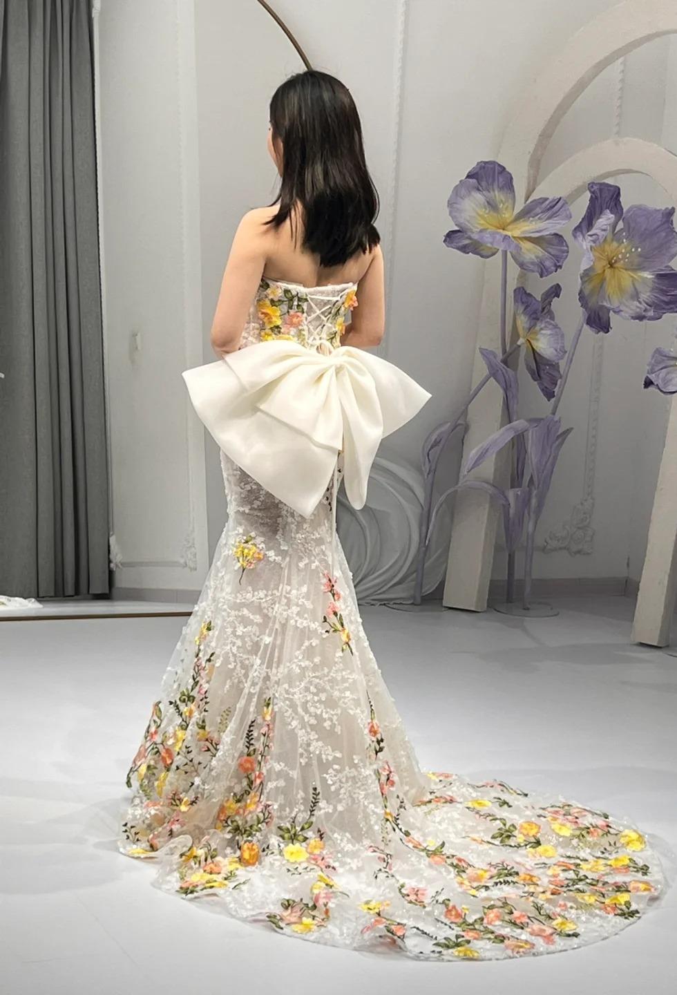 White Wedding Dress Elegant Mermaid Strapless Tulle Lace Long Prom Dress Applique Evening Dress ED01443