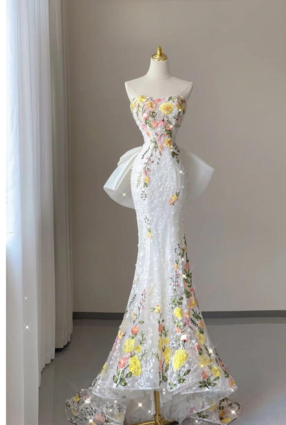 White Wedding Dress Elegant Mermaid Strapless Tulle Lace Long Prom Dress Applique Evening Dress ED01443
