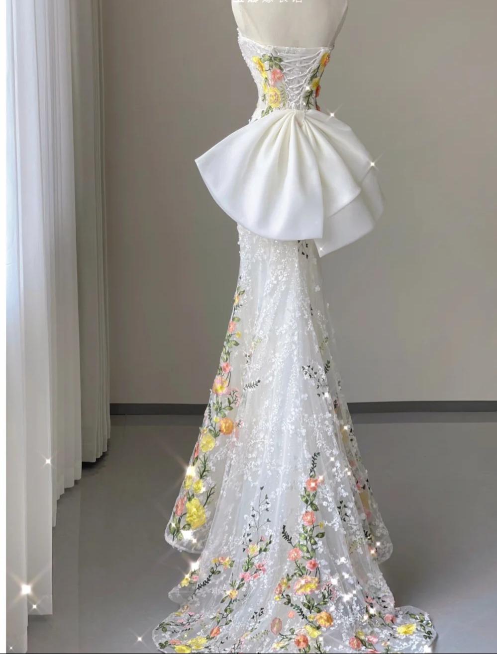 White Wedding Dress Elegant Mermaid Strapless Tulle Lace Long Prom Dress Applique Evening Dress ED01443