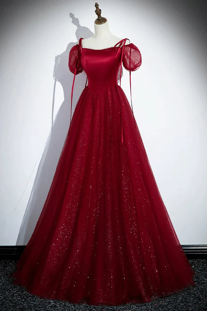 Vestido de fiesta burdeos de tul satinado, corte A, largo hasta el suelo, con hombros descubiertos, vestido de noche formal ED01455