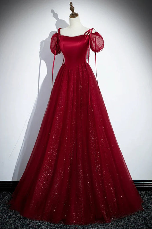 Vestido de fiesta burdeos de tul satinado, corte A, largo hasta el suelo, con hombros descubiertos, vestido de noche formal ED01455